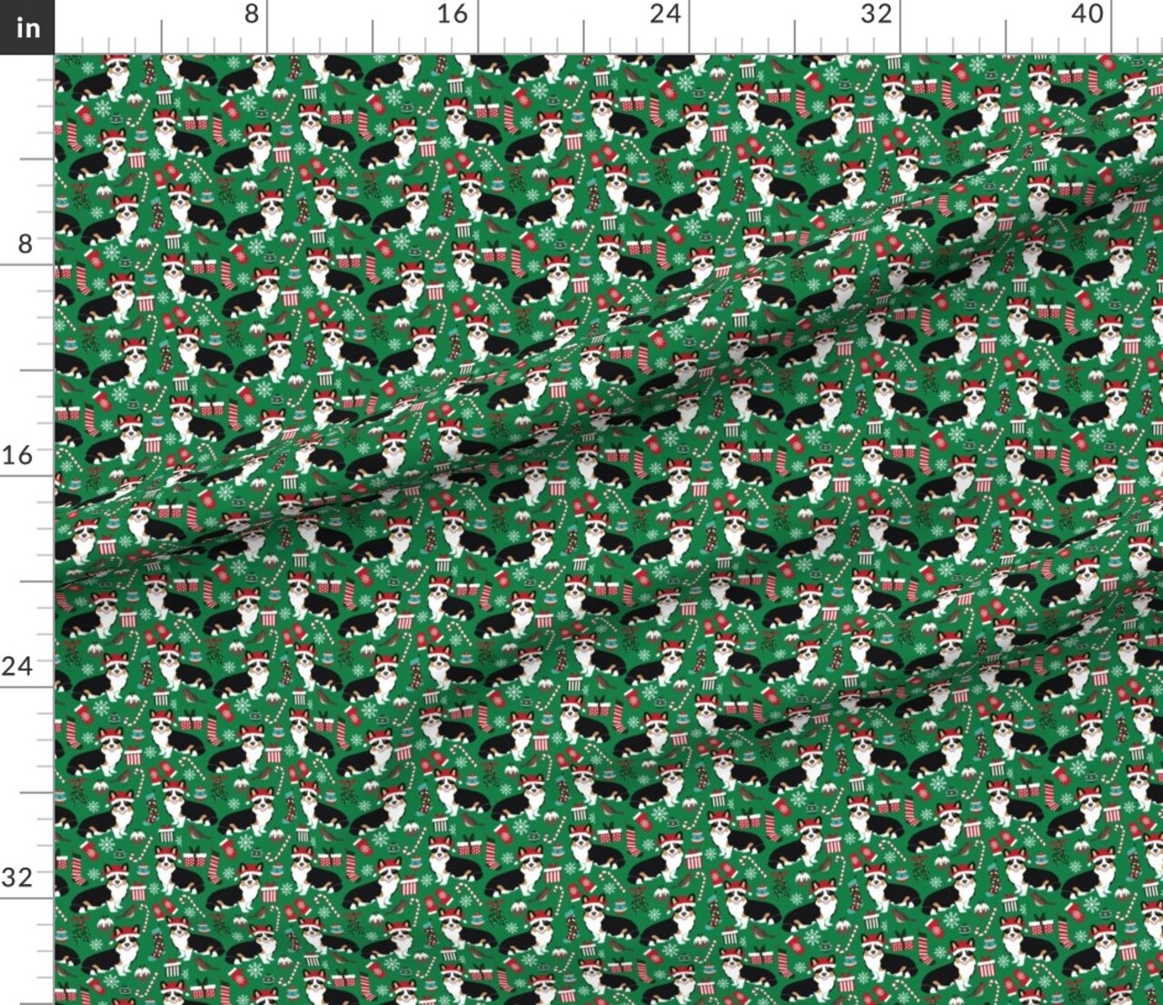 Corgi Christmas Cute Tri Colored Corgis Candy Xmas Holiday Green Dogs Lover Red Pet Portrait Custom Printed Fabric by Spoonflower Various Fabrics by the Yard or Fat Quarter